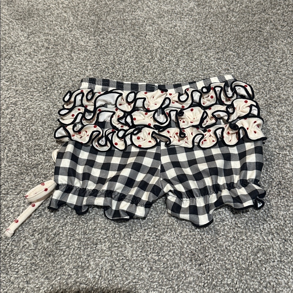 SweetHoney Ruffled Bummie shorts plaid black and white with red accents 6 months